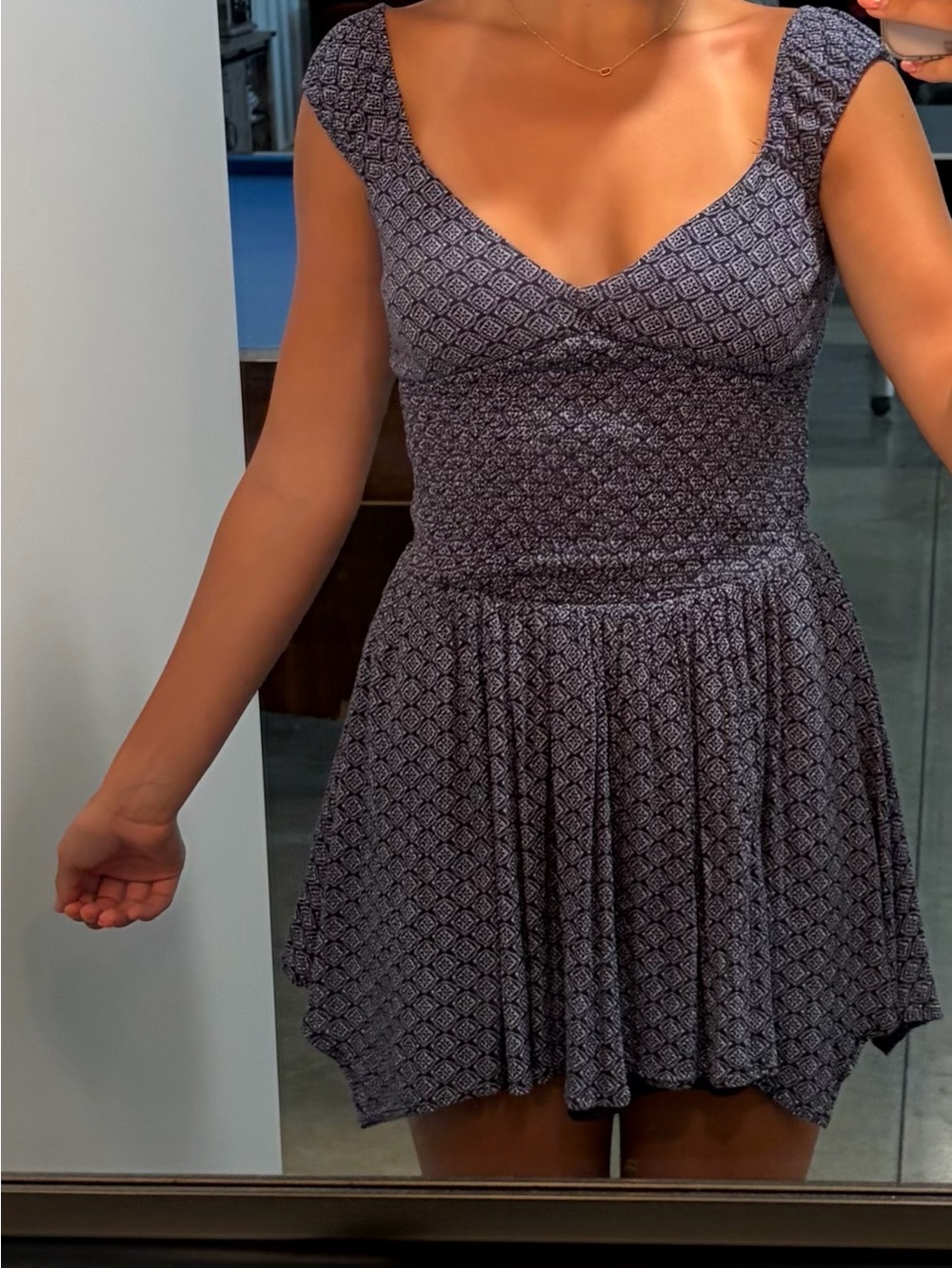 Hollister Navy Geometric Smocked Waist Mini Dress
